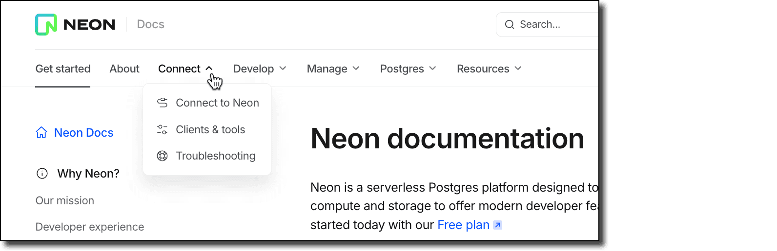 Neon docs new navigation